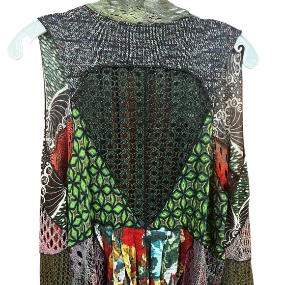 Dor Dor Couture Green Multi Mixed Media Artsy Sleeveless Sweater Cardigan Sz M - Picture 4 of 9